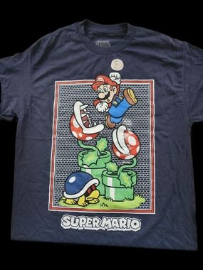 Super Mario Navy Graphic Tee with Mario & Piranha Plants